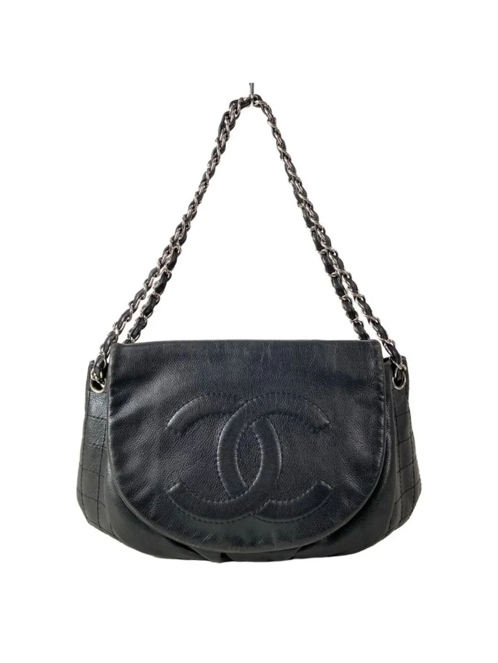 Chanel Shoulder Bag Half Moon Black CC Logo Chain Silver